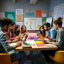 A dynamic and engaging scene showcasing a group of enthusiastic advertising students working together on a marketing campaign for a donation drive