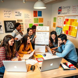 A dynamic and engaging scene showcasing a group of enthusiastic advertising students working together on a marketing campaign for a donation drive
