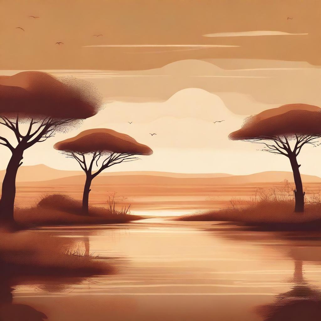 A high-quality digital art illustration of the African savannah, devoid of animals, using a palette of four ochre shades