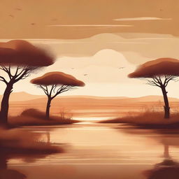 A high-quality digital art illustration of the African savannah, devoid of animals, using a palette of four ochre shades