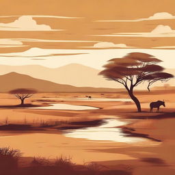 A high-quality digital art illustration of the African savannah, devoid of animals, using a palette of four ochre shades