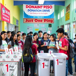 A vibrant scene depicting a group of enthusiastic students organizing a donation drive where each donation is just one piso