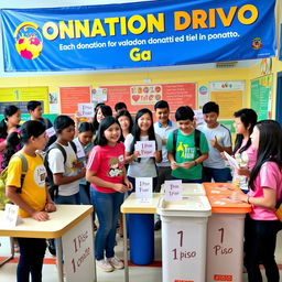 A vibrant scene depicting a group of enthusiastic students organizing a donation drive where each donation is just one piso