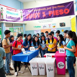 A vibrant scene depicting a group of enthusiastic students organizing a donation drive where each donation is just one piso