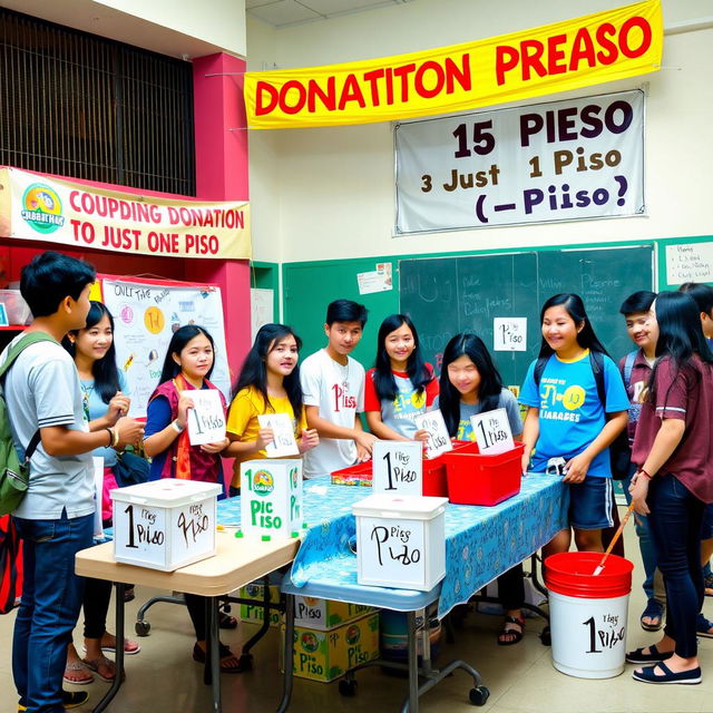 A vibrant scene depicting a group of enthusiastic students organizing a donation drive where each donation is just one piso