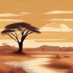 A high-quality digital art illustration of the African savannah, devoid of animals, using a palette of four ochre shades