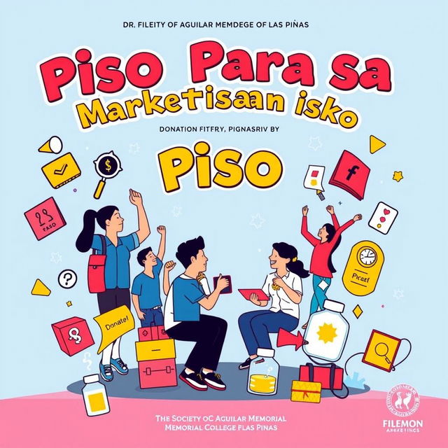 A dynamic and colorful clipart design for the slogan 'Piso Para sa Marketistang Isko', representing a donation drive led by The Society of Marketers - SMART at Dr