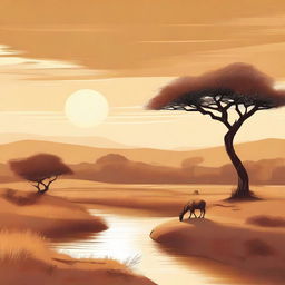 A high-quality digital art illustration of the African savannah, devoid of animals, using a palette of four ochre shades