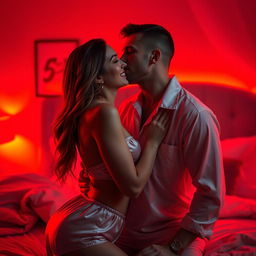 A captivating scene of a man kissing a beautiful, sexy woman dressed in elegant pajamas in a cozy bedroom at night