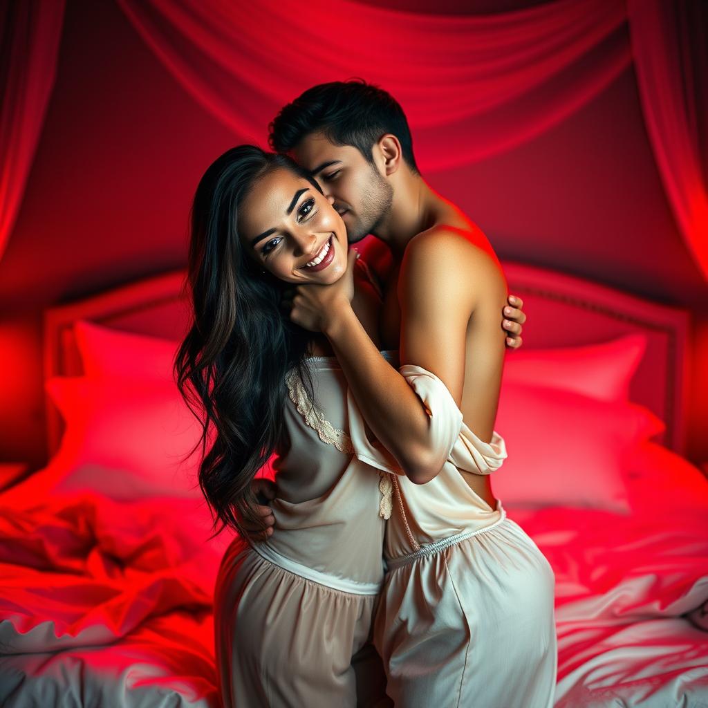 A captivating scene of a man kissing a beautiful, sexy woman dressed in elegant pajamas in a cozy bedroom at night