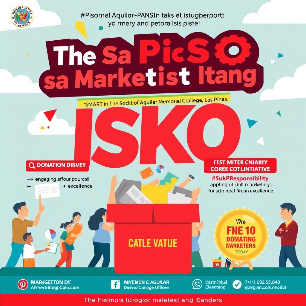 Create a vibrant poster for 'The Piso Para sa Marketistang Isko,' a donation drive initiative led by The Society of Marketers - SMART at Dr