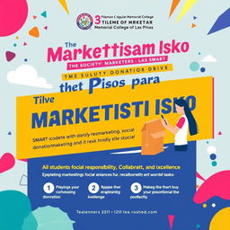 Create a vibrant poster for 'The Piso Para sa Marketistang Isko,' a donation drive initiative led by The Society of Marketers - SMART at Dr