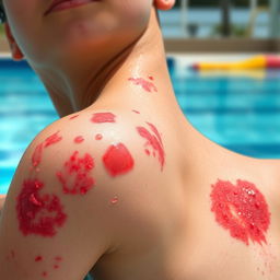 A vivid and detailed representation of acute swimmer's dermatitis, showcasing inflamed skin with red patches and rashes indicative of irritation