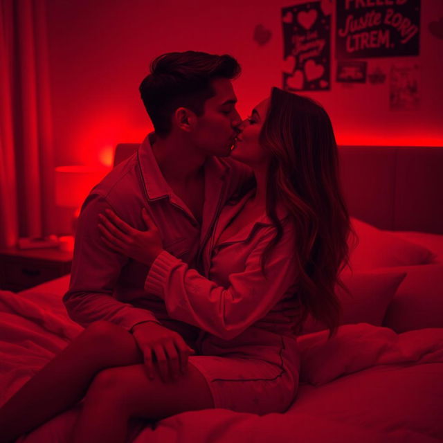 A romantic scene featuring a man kissing a beautiful, sexy woman wearing cozy pajamas in a softly lit bedroom at night