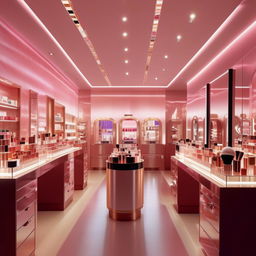 Display a glamorous cosmetics shop featuring an optimal, modern light system. Highlight the illuminating fixtures on sleek makeup displays and ambient lighting that enhances the vibrancy of the products