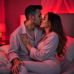 A romantic scene featuring a man kissing a beautiful, sexy woman wearing cozy pajamas in a softly lit bedroom at night