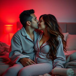 A romantic scene featuring a man kissing a beautiful, sexy woman wearing cozy pajamas in a softly lit bedroom at night