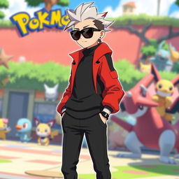 A tall human character designed for a Pokémon game, featuring medium skinny build, sporting silver hair styled like Machine Gun Kelly with a striking red streak