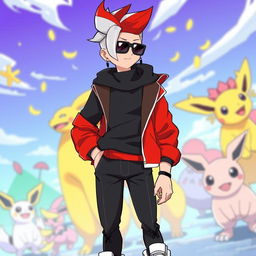 A tall human character designed for a Pokémon game, featuring medium skinny build, sporting silver hair styled like Machine Gun Kelly with a striking red streak