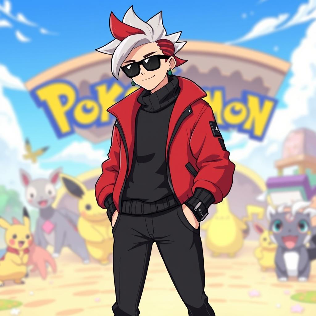 A tall human character designed for a Pokémon game, featuring medium skinny build, sporting silver hair styled like Machine Gun Kelly with a striking red streak