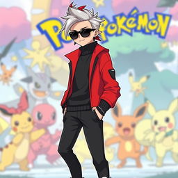 A tall human character designed for a Pokémon game, featuring medium skinny build, sporting silver hair styled like Machine Gun Kelly with a striking red streak