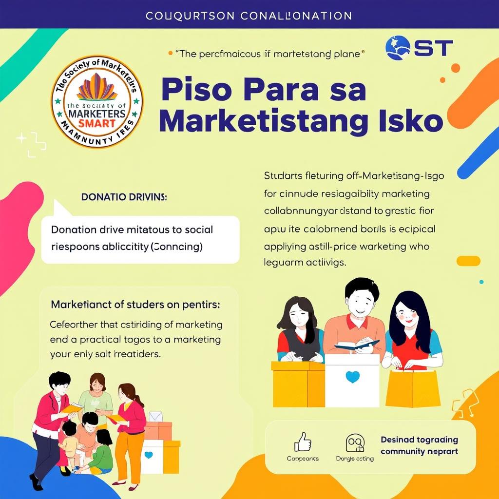 Create a colorful and engaging poster for a donation drive titled 'Piso Para sa Marketistang Isko'