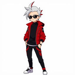A cool and stylish human character for a Pokemon game, featuring a tall, medium skinny build