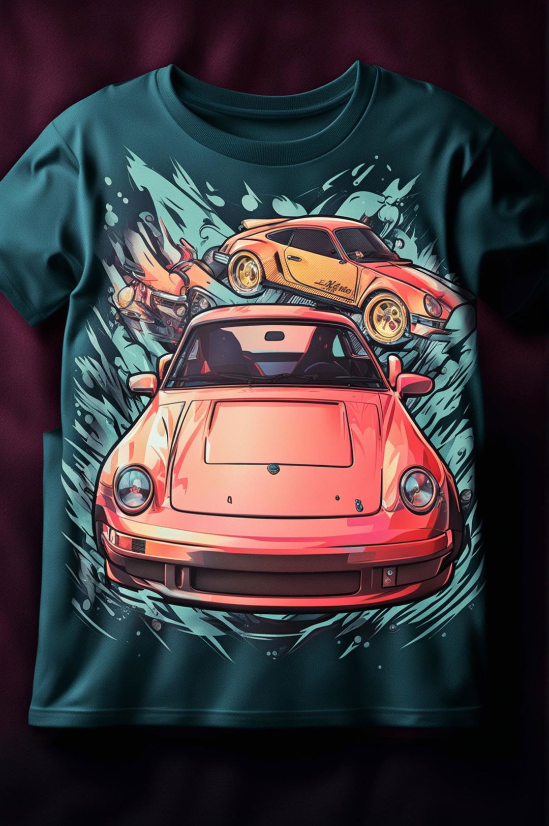 A 32k HD product editorial photo of a graphic tee featuring a vibrant anime-style Porsche 911