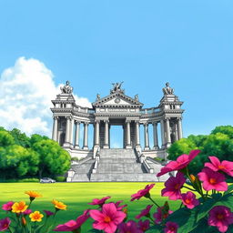 A detailed and artistic drawing of a grand monument, featuring intricate architectural elements, surrounded by lush greenery and a clear blue sky