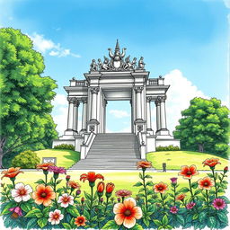 A detailed and artistic drawing of a grand monument, featuring intricate architectural elements, surrounded by lush greenery and a clear blue sky