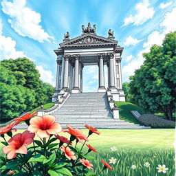 A detailed and artistic drawing of a grand monument, featuring intricate architectural elements, surrounded by lush greenery and a clear blue sky