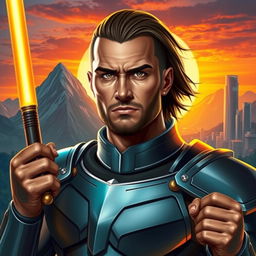 A portrait of a strong, heroic figure named Jason, depicted as a modern-day warrior