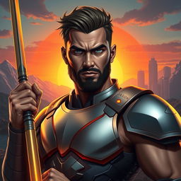 A portrait of a strong, heroic figure named Jason, depicted as a modern-day warrior