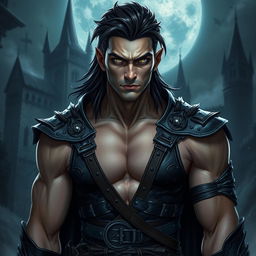 A muscular male Dhampir with striking black hair and captivating grey eyes, exuding an aura of power and mystery