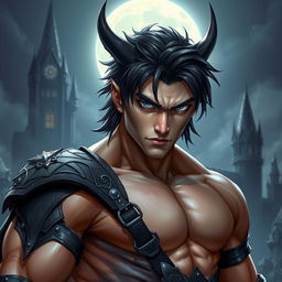 A muscular male Dhampir with striking black hair and captivating grey eyes, exuding an aura of power and mystery