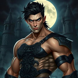 A muscular male Dhampir with striking black hair and captivating grey eyes, exuding an aura of power and mystery
