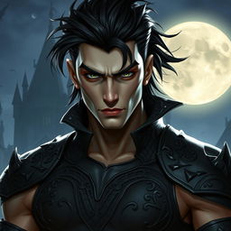 A muscular male Dhampir with striking black hair and captivating grey eyes, exuding an aura of power and mystery