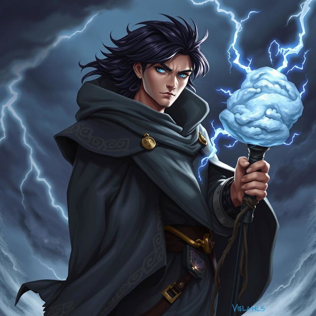 A heroic fantasy character named Evander Stormr, depicted as a fierce storm sorcerer