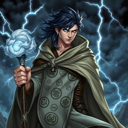 A heroic fantasy character named Evander Stormr, depicted as a fierce storm sorcerer