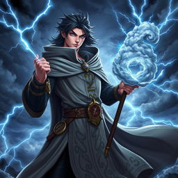 A heroic fantasy character named Evander Stormr, depicted as a fierce storm sorcerer