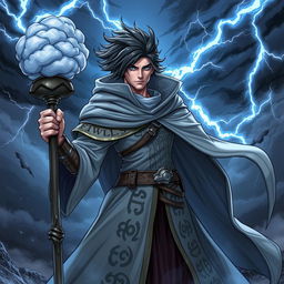 A heroic fantasy character named Evander Stormr, depicted as a fierce storm sorcerer