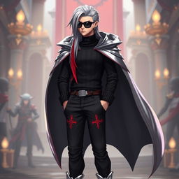 A tall, medium skinny human character, featuring striking silver long hair with a bold red streak flowing down
