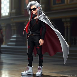 A tall, medium skinny human character, featuring striking silver long hair with a bold red streak flowing down