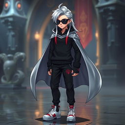 A tall, medium skinny human character, featuring striking silver long hair with a bold red streak flowing down