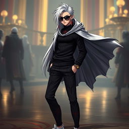 A tall, medium skinny human character, featuring striking silver long hair with a bold red streak flowing down