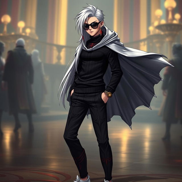A tall, medium skinny human character, featuring striking silver long hair with a bold red streak flowing down