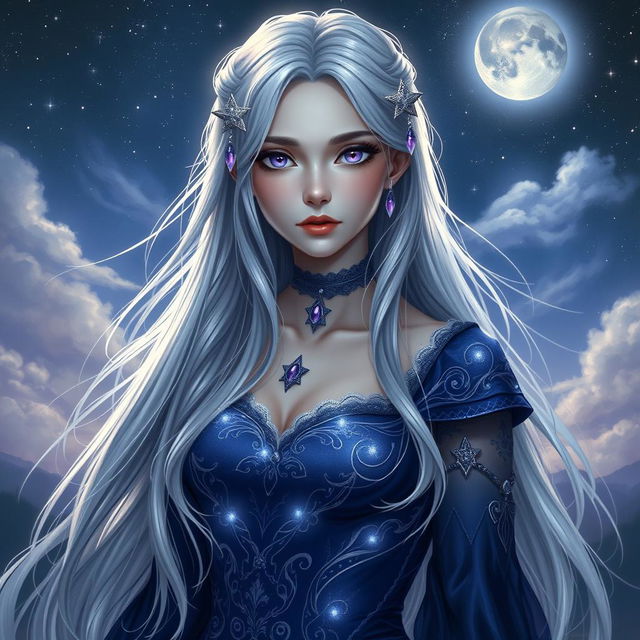 A mystical portrait of Alora Dalaras, a fantasy character with long flowing silver hair adorned with delicate star-shaped hairpins