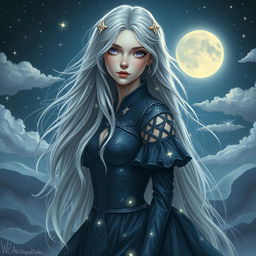 A mystical portrait of Alora Dalaras, a fantasy character with long flowing silver hair adorned with delicate star-shaped hairpins