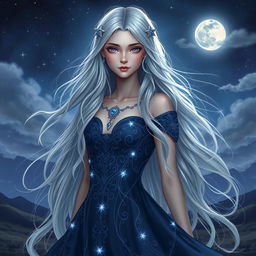 A mystical portrait of Alora Dalaras, a fantasy character with long flowing silver hair adorned with delicate star-shaped hairpins