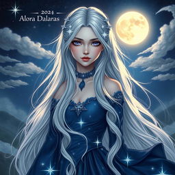 A mystical portrait of Alora Dalaras, a fantasy character with long flowing silver hair adorned with delicate star-shaped hairpins